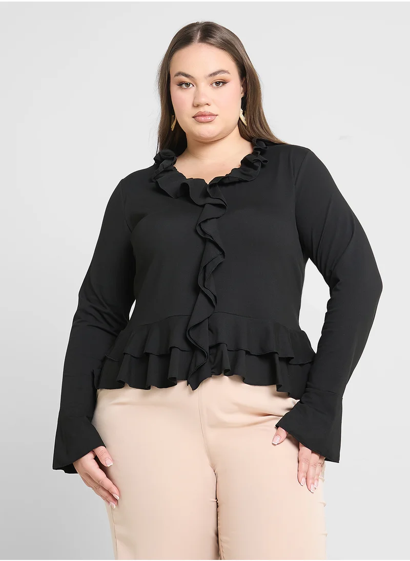 Ginger Plus Long Sleeve Fitted T-Shirt With Frill Detail