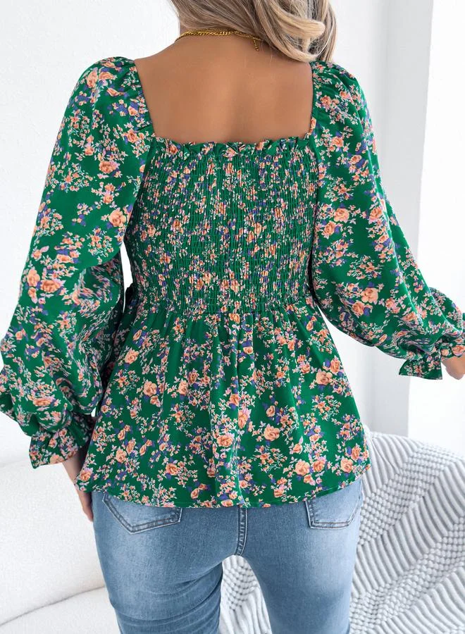 Take Two Floral Print Shirred Peplum Blouse With Long Sleeves