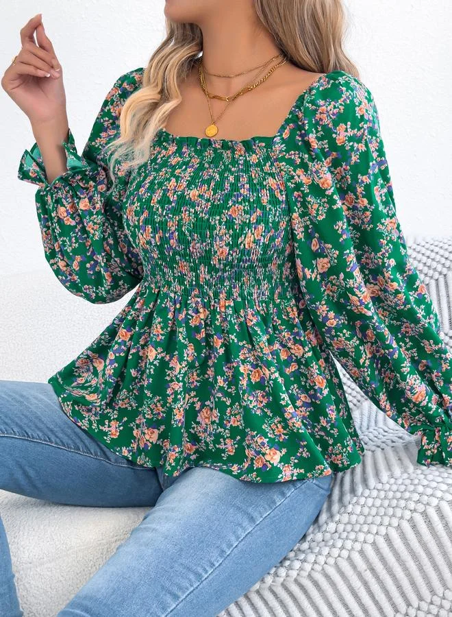 Take Two Floral Print Shirred Peplum Blouse With Long Sleeves