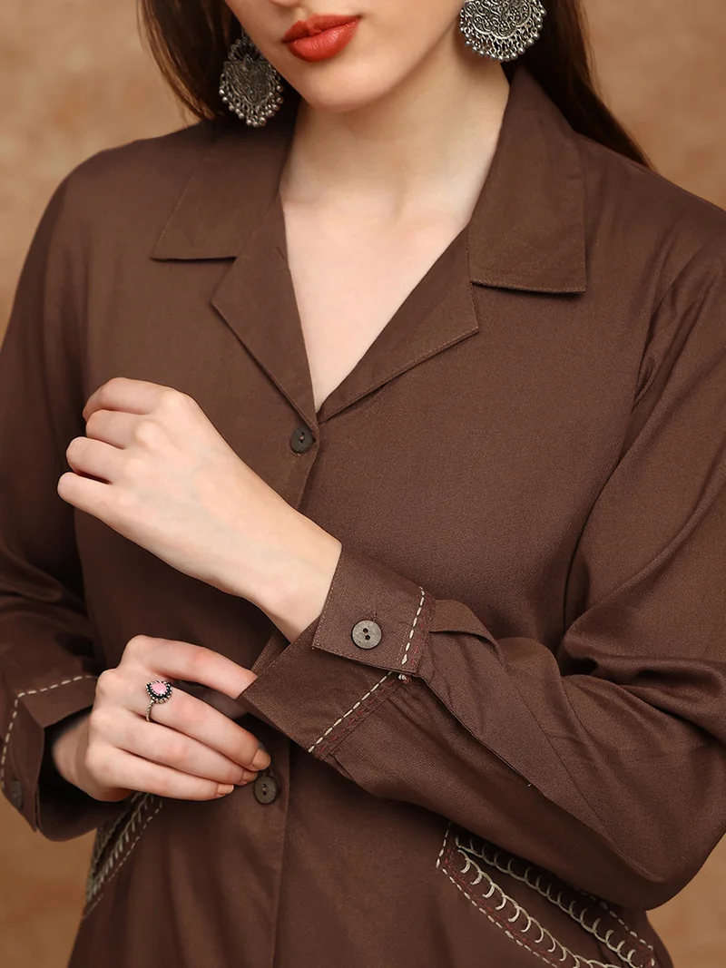 globus  Globus Women Brown Cuban Collar Cuffed Sleeves Embroidered Detail Pockets Shirt Style Tunic & Trousers Co-Ord Set for Women | Best Price UAE