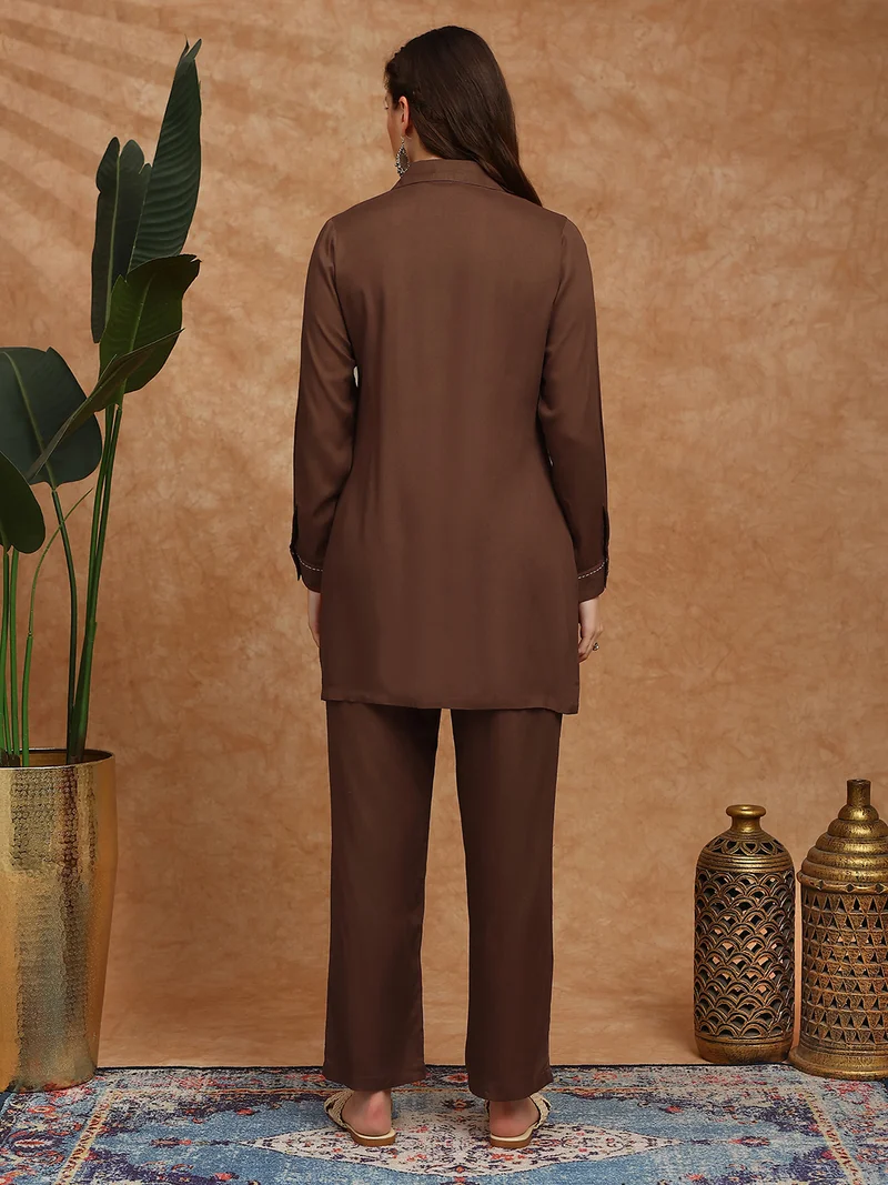 globus  Globus Women Brown Cuban Collar Cuffed Sleeves Embroidered Detail Pockets Shirt Style Tunic & Trousers Co-Ord Set for Women | Best Price UAE