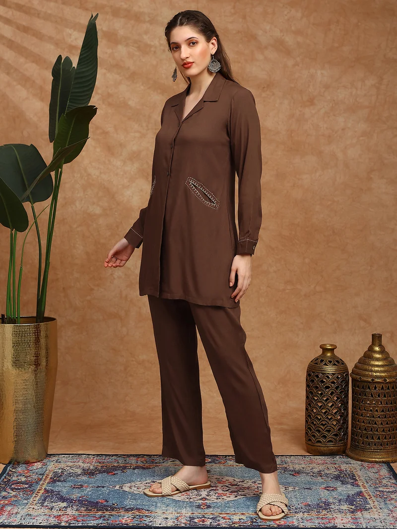 globus  Globus Women Brown Cuban Collar Cuffed Sleeves Embroidered Detail Pockets Shirt Style Tunic & Trousers Co-Ord Set for Women | Best Price UAE