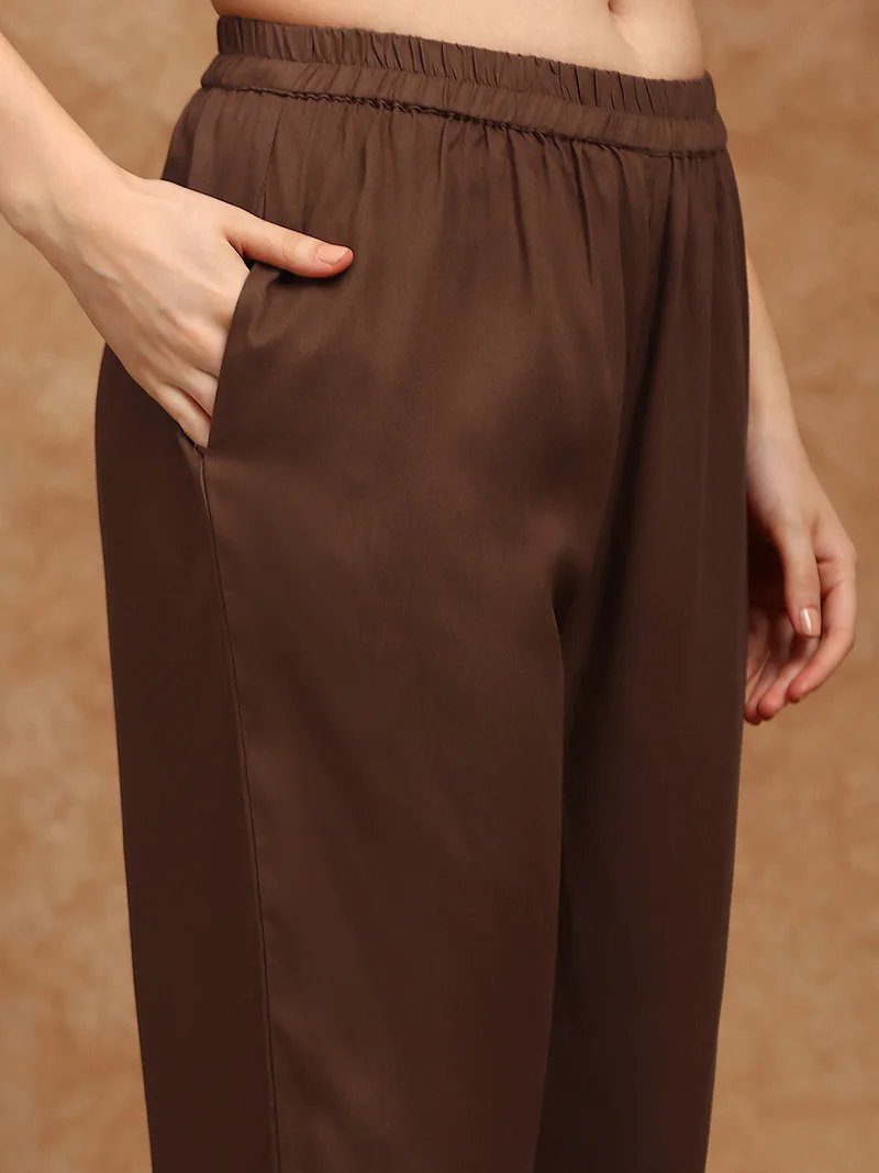 globus  Globus Women Brown Cuban Collar Cuffed Sleeves Embroidered Detail Pockets Shirt Style Tunic & Trousers Co-Ord Set for Women | Best Price UAE