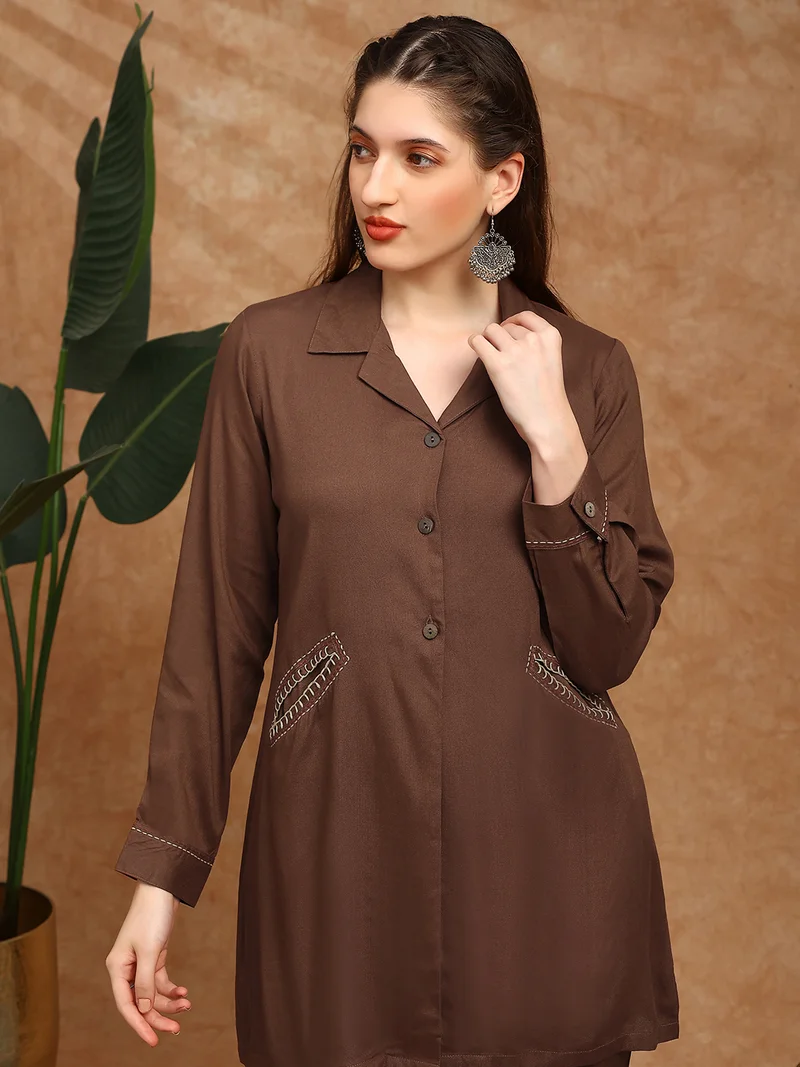 globus  Globus Women Brown Cuban Collar Cuffed Sleeves Embroidered Detail Pockets Shirt Style Tunic & Trousers Co-Ord Set for Women | Best Price UAE