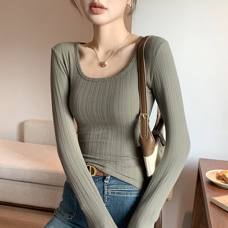 New Large U-Neck T-Shirt Women's Base Layer Long Sleeve Top Low-Cut Slim Fit Spring Style