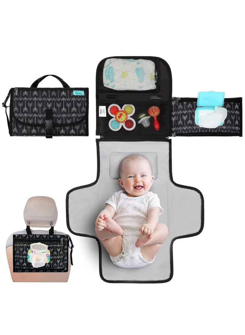 SOLARAE Portable Diaper Changing Pad, Baby Changing pad for Newborn Girl and Boy Smart Wipes Pocket, Waterproof Travel Changing Kit Black Arrows - Image 1