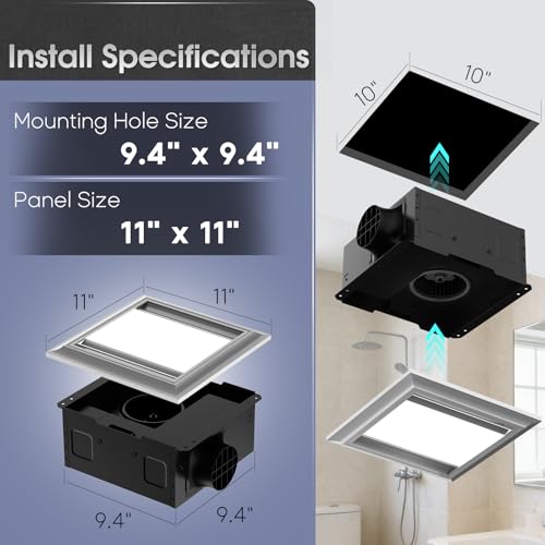 Bullro 12" Ultra Quiet Bathroom Exhaust Fan with Light, 1.0 Sone 160 CFM, Aluminum Bathroom Vent Fan, 10x10 Mount, 1500LM Ceiling Ventilation Fan with Blue Nightlight (Gray) - Image 2