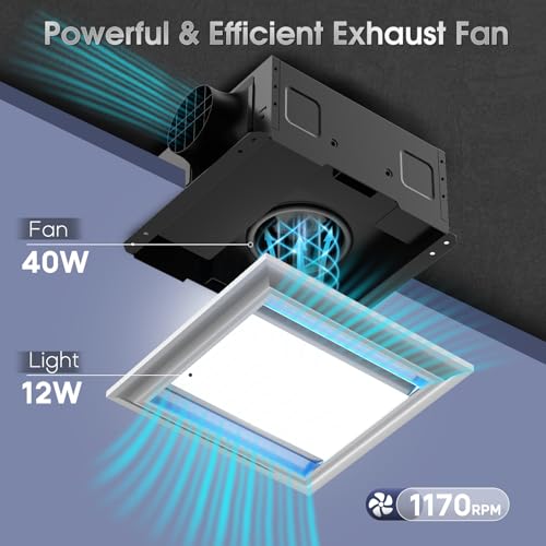 Bullro 12" Ultra Quiet Bathroom Exhaust Fan with Light, 1.0 Sone 160 CFM, Aluminum Bathroom Vent Fan, 10x10 Mount, 1500LM Ceiling Ventilation Fan with Blue Nightlight (Gray) - Image 3