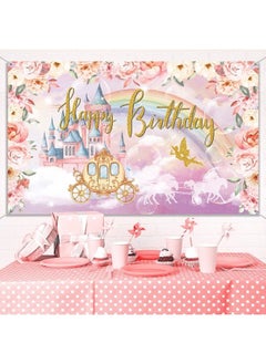 Tatuo Princess Birthday Party Decorations Supplies Princess Theme Backdrop Background Banner for Girl Birthday Party Favor Gold and Pink Royal Castle Carriage Crown Floral Photography Booth Cake Table Decor  - Image 5