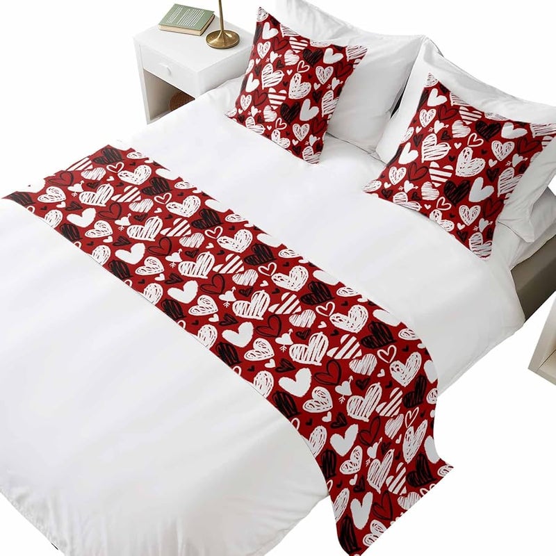 Valentines Bed Runner Set King Size 94x20 Inch Red White Black with Heart Pillow Covers - Image 1
