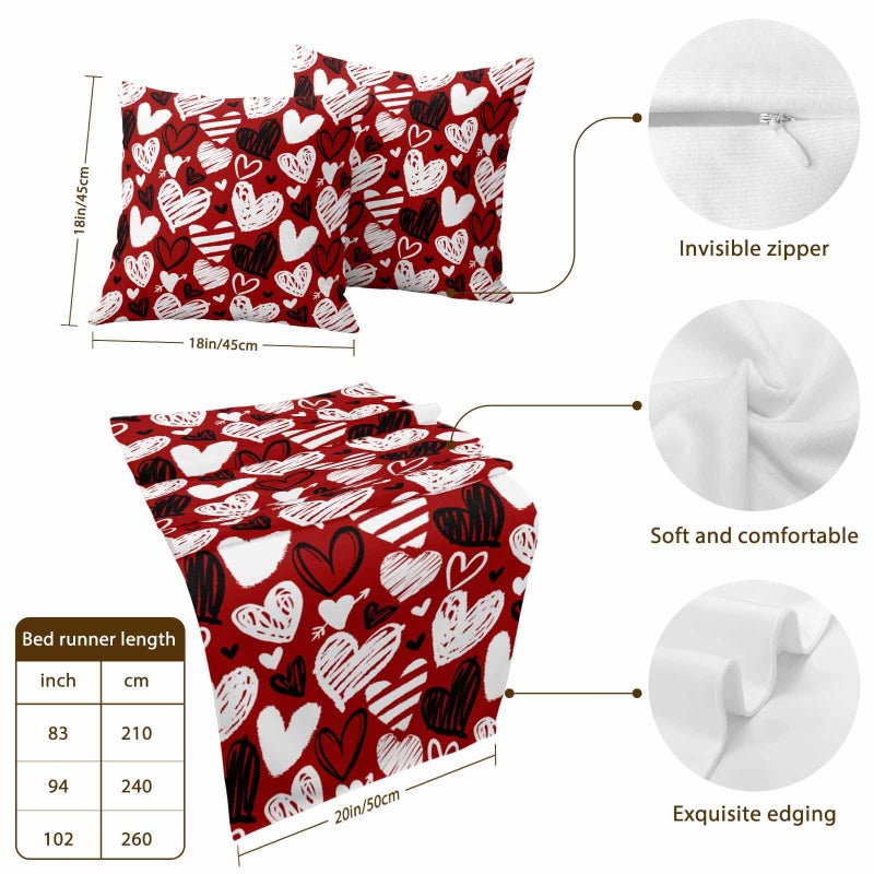 Valentines Bed Runner Set King Size 94x20 Inch Red White Black with Heart Pillow Covers - Image 4