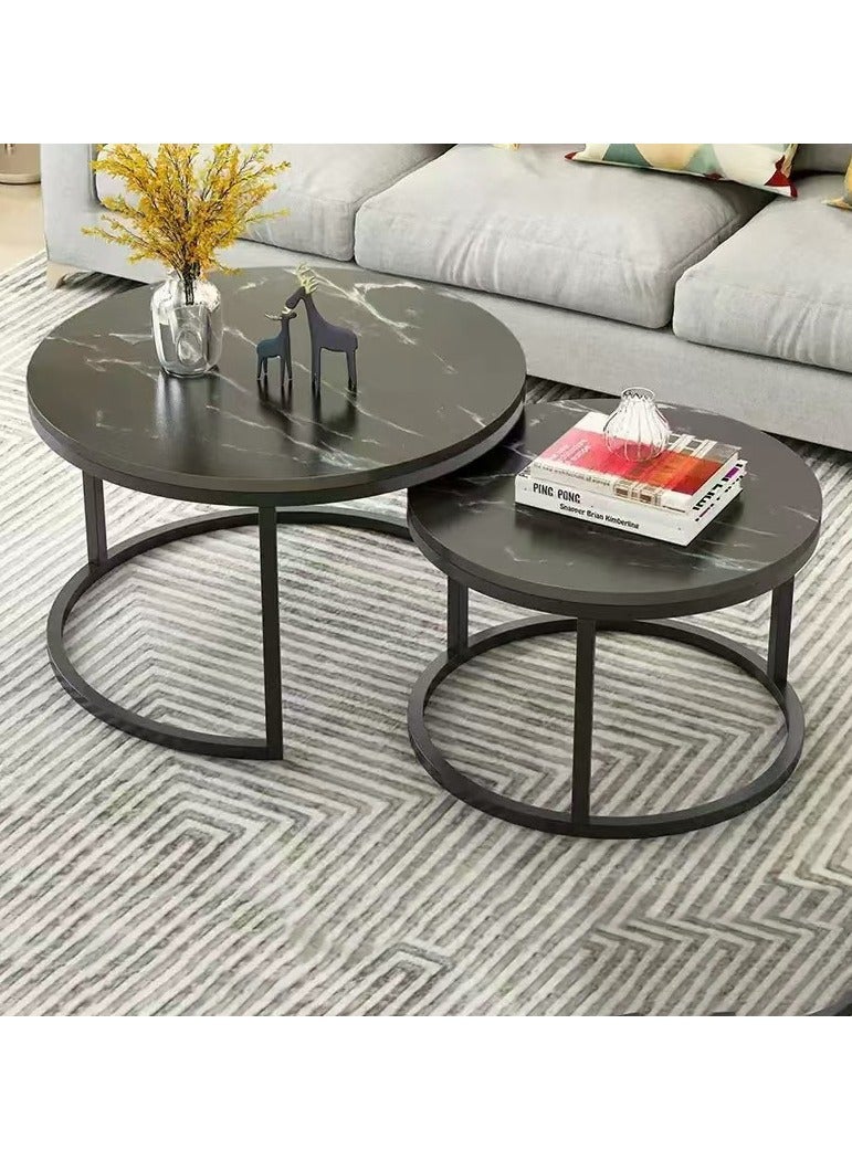 طاولة قهوة مستديرة، مجموعة من طاولتي قهوة متداخلتين، طاولات جانبية قابلة للتكديس بنمط رخامي، طاولات مميزة للأريكة، طاولة جانبية لغرفة المعيشة، طاولات خشبية لغرفة النوم المنزلية (أسود)