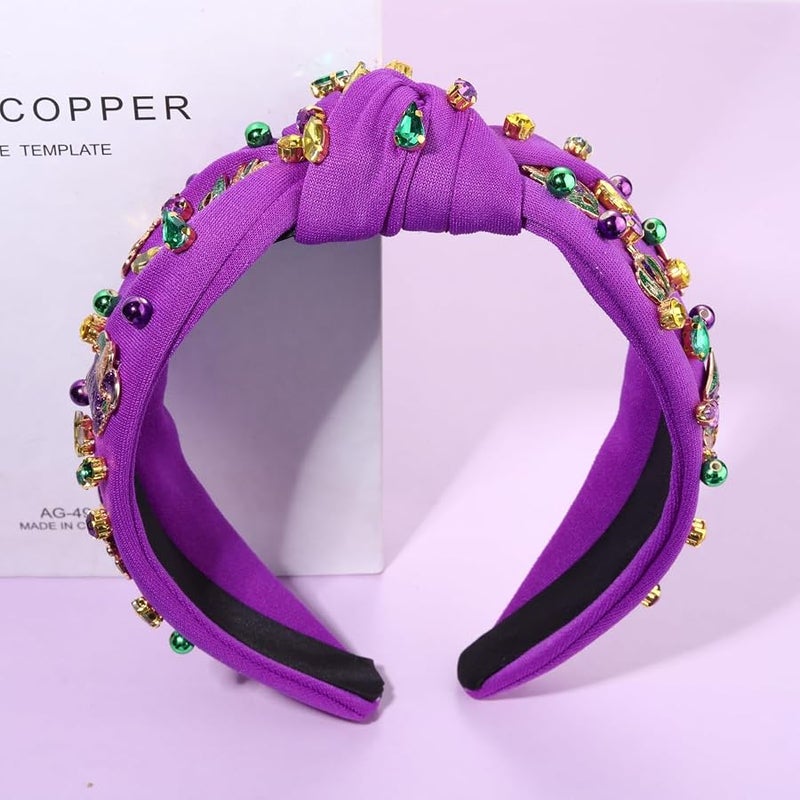 MOLOCH Mardi Gras Headband - Carnival Hair Accessories for Women, Glitter Top Hat Crown Mask, Knotted Purple Green Gold Crystal Jeweled Headband, Parade Party Gifts - Image 4