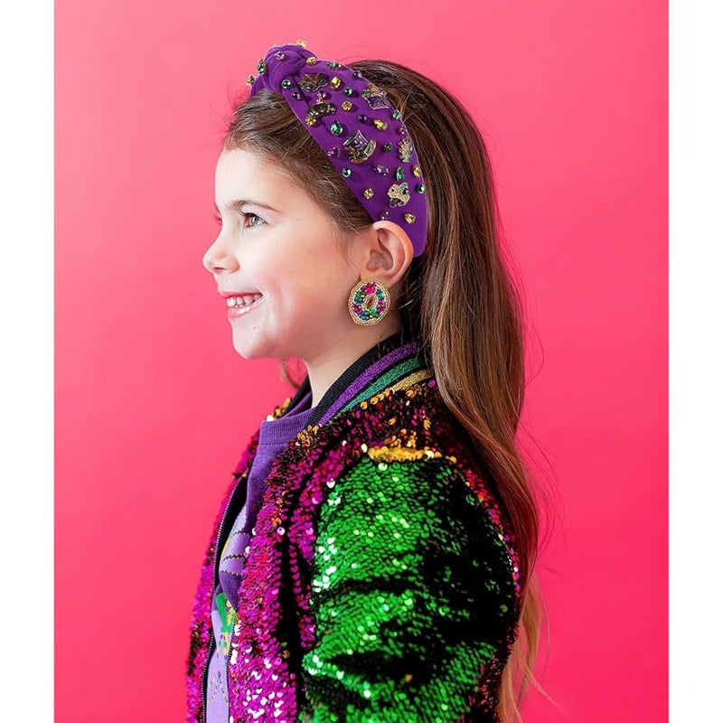 MOLOCH Mardi Gras Headband - Carnival Hair Accessories for Women, Glitter Top Hat Crown Mask, Knotted Purple Green Gold Crystal Jeweled Headband, Parade Party Gifts - Image 3