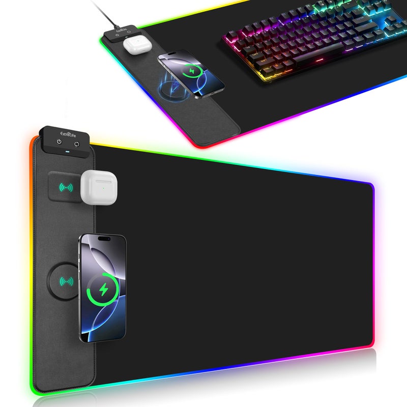 وسادة شحن لاسلكية مع إضاءة RGB وسادة ألعاب 315x157 كبيرة جدًا وسادة مكتب 13 وضع إضاءة سطح فائق السلاسة قاعدة غير قابلة للانزلاق مقاومة للماء لكيبورد الكمبيوتر لجهاز ماك بوك PC لابتوب أسود