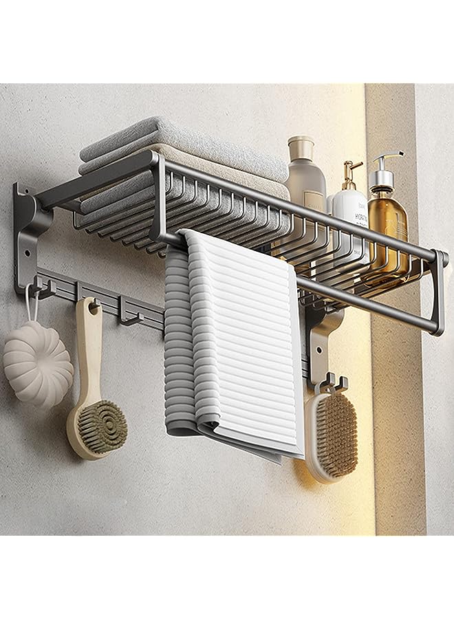 Raxoom Foldable Bathroom Towel Rack 60cm Space Aluminium Wall Mounted Towel Shelf with Towel Bar and 5 Movable Rod Hooks + 4 Fixed Hooks (Adhesive or Drilling Mounting) - Image 1