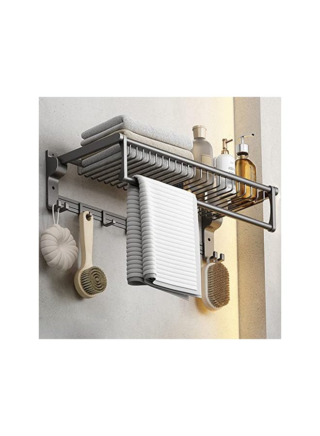 Raxoom Foldable Bathroom Towel Rack 60cm Space Aluminium Wall Mounted Towel Shelf with Towel Bar and 5 Movable Rod Hooks + 4 Fixed Hooks (Adhesive or Drilling Mounting) - Image 2
