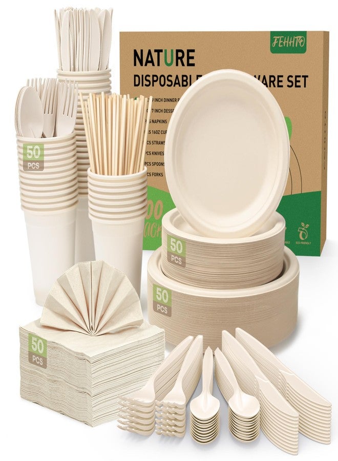 FEHHTO 400PCS Disposable Paper Plates Set, Compostable Eco-friendly Dinnerware Set, Biodegradable Heavy-Duty Paper Plates, Utensils, Cups and Straws for Party Camping Natural Brown - Image 1