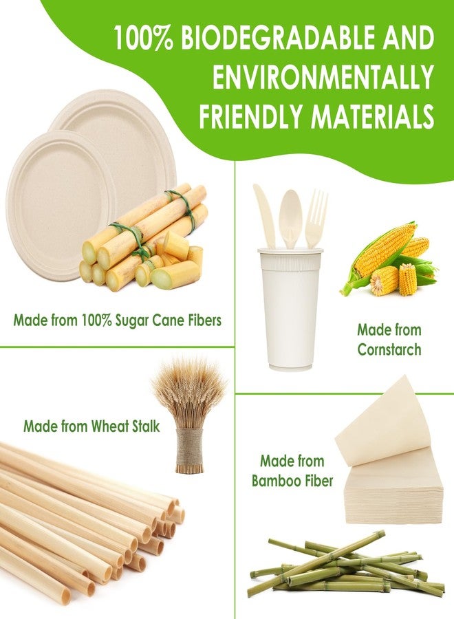 FEHHTO 400PCS Disposable Paper Plates Set, Compostable Eco-friendly Dinnerware Set, Biodegradable Heavy-Duty Paper Plates, Utensils, Cups and Straws for Party Camping Natural Brown - Image 4