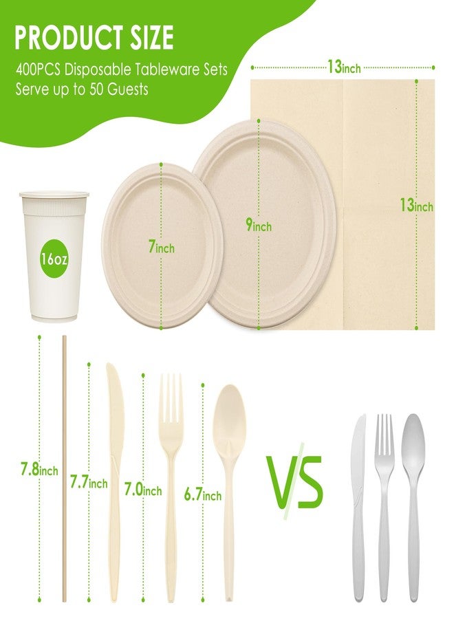 FEHHTO 400PCS Disposable Paper Plates Set, Compostable Eco-friendly Dinnerware Set, Biodegradable Heavy-Duty Paper Plates, Utensils, Cups and Straws for Party Camping Natural Brown - Image 2