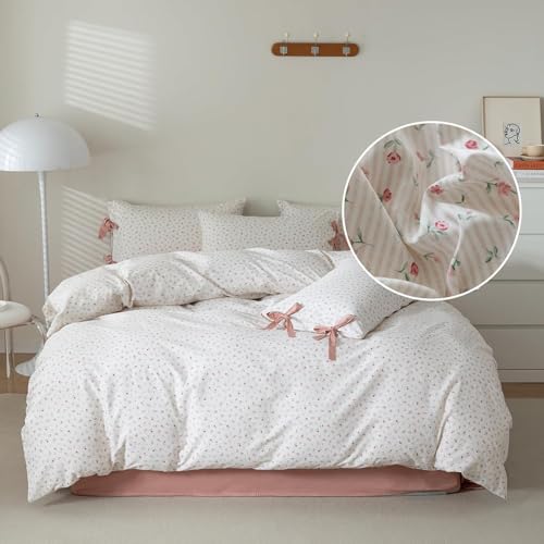 LifeTB Pink Flower Duvet Cover Twin Vintage Floral Pink Stripes Duvet Cover Cotton Floral Blossom Comforter Cover Cottagecore Bedding Sets with 2 Bowknot Pillowcases Girls Botanical Floral Duvet Cover Set - Image 3