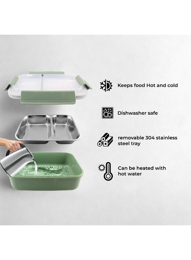 Brain Giggles BrainGiggles Stainless Steel 2 Compartments Lunch Box with Removable Inner Tray Insulated Leak Proof Lunch Box for Kids Adults - Green - Image 4