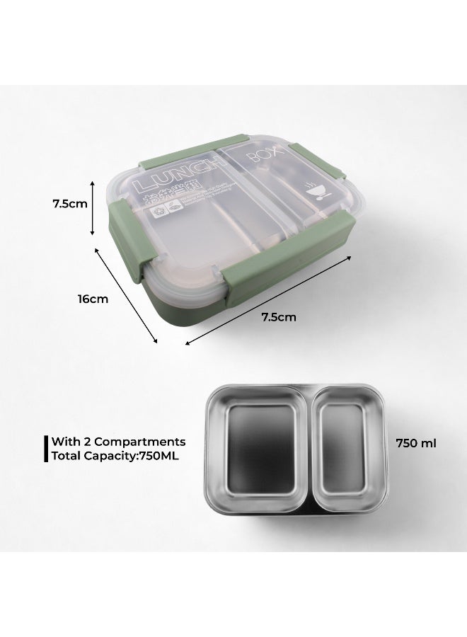 Brain Giggles BrainGiggles Stainless Steel 2 Compartments Lunch Box with Removable Inner Tray Insulated Leak Proof Lunch Box for Kids Adults - Green - Image 2