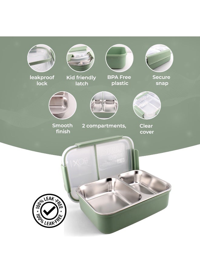 Brain Giggles BrainGiggles Stainless Steel 2 Compartments Lunch Box with Removable Inner Tray Insulated Leak Proof Lunch Box for Kids Adults - Green - Image 5