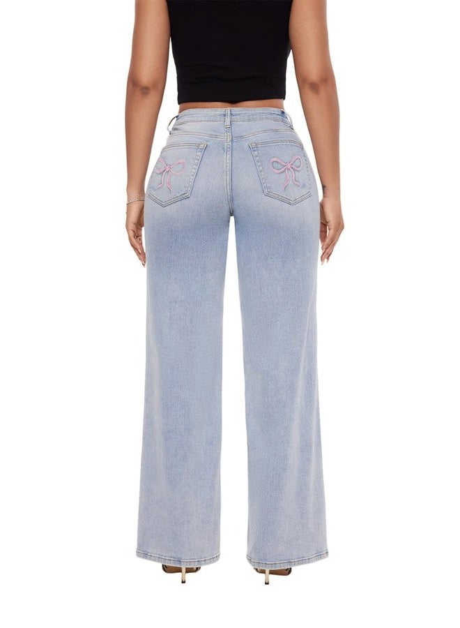 ONESO Mid-Low Rise Baggy Jeans Wide Leg for Women Distressed Pants Stretchy Bottom Lady Basic Comfortable Denim, Butterfly Print Pocket, 27 - Image 2