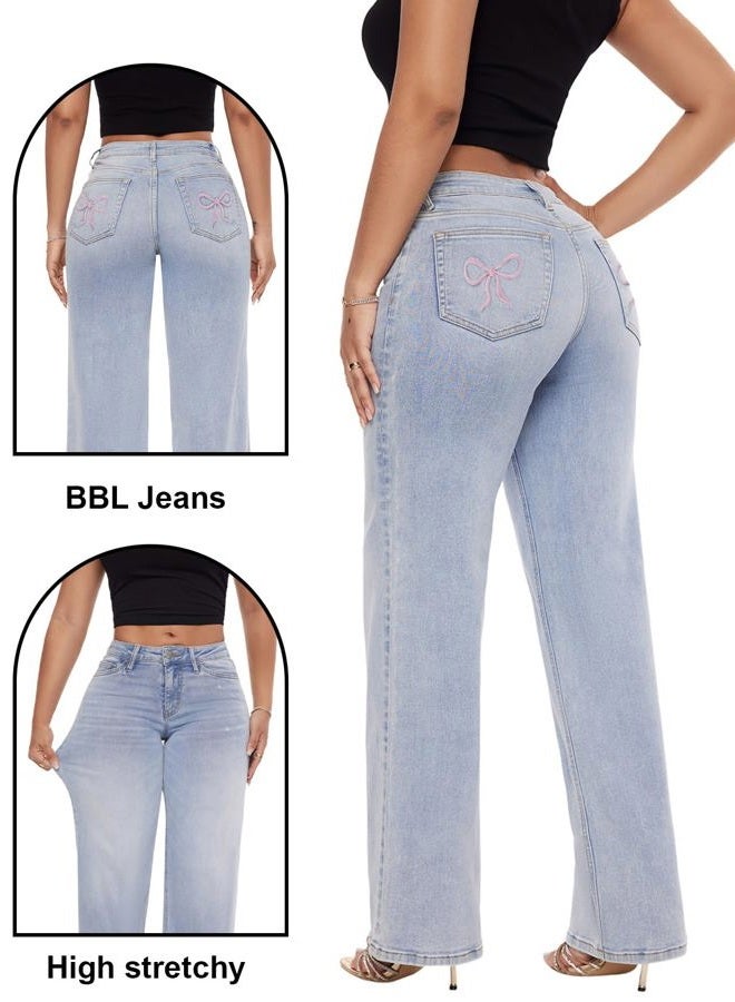 ONESO Mid-Low Rise Baggy Jeans Wide Leg for Women Distressed Pants Stretchy Bottom Lady Basic Comfortable Denim, Butterfly Print Pocket, 27 - Image 4