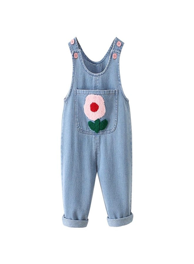 DINGDONG'S CLOSET Baby Toddler Kid Girl Denim Flower Pocket Overalls Suspenders (Blue, 12-18M) - Image 1