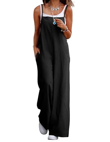 YESNO Women's Summer Boho Casual Jumpsuits Wide Leg Overalls Floral Print Baggy Rompers with Pocket 3XL PZZCR Solid Black - Image 5