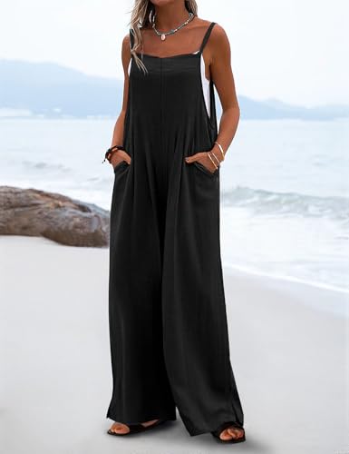 YESNO Women's Summer Boho Casual Jumpsuits Wide Leg Overalls Floral Print Baggy Rompers with Pocket 3XL PZZCR Solid Black - Image 2