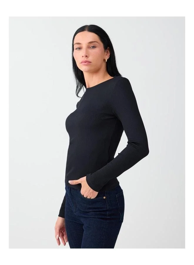 Jimmy Key Black Round Neck Slim Fit Long Sleeve Blouse.