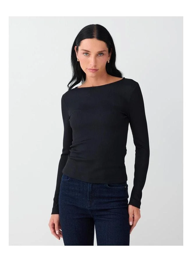 Jimmy Key Black Round Neck Slim Fit Long Sleeve Blouse.