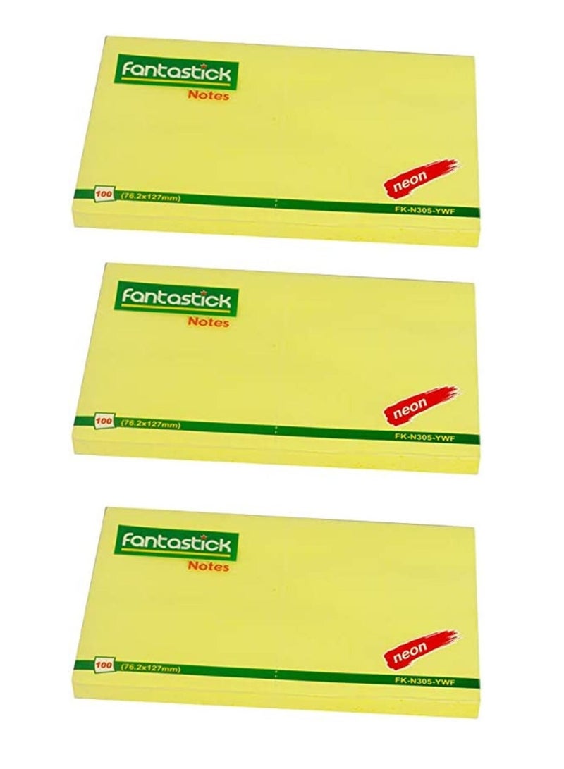 Fantastick ملاحظات لاصقة 3 قطع بحجم 3x5 بوصة باللون الأصفر النيون - Image 1