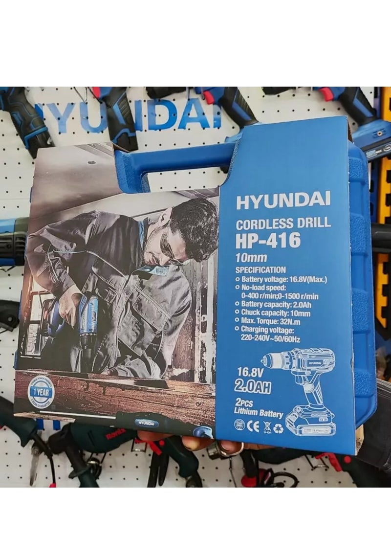 HYUNDAI HYUNDAI HP 416 Cordless Drill 16.8V, 2 Ah Lithium-Ion Battery, 0-1500 RPM, 32 Nm Torque, 10 mm Keyless Chuck, LED Light  - Image 4