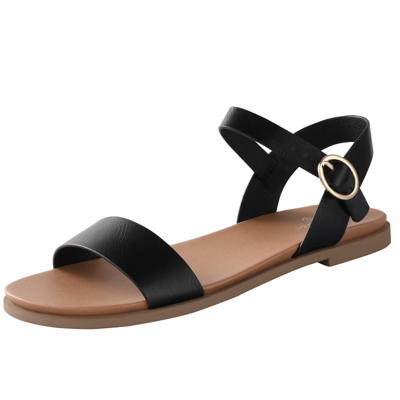Ankis Womens Ankle Strap Flat Sandals Dressy Summer Beach Sandals for Women 2026 Open Toe One Band Buckle Comfortable Black Sandals - Image 1
