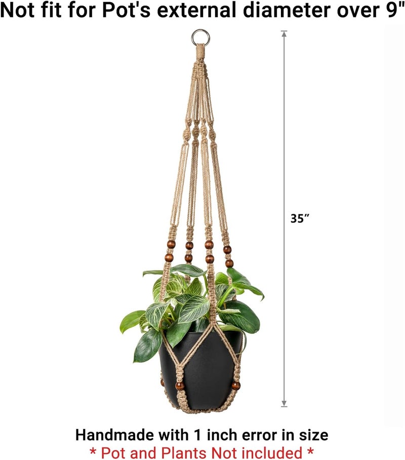Mkono Macrame Plant Hanger Indoor Jute Hanging Planter Basket with Wood Beads Decorative Flower Pot Holder No Tassels for Indoor Outdoor Boho Home Decor 35 Inch, Brown, Set of 1 (POTS NOT Included) - Image 5