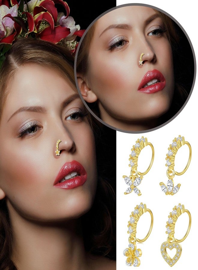 تورنيتو مجموعة تورنيتو من 20 قطعة من حلقات الأنف المتدلية للنساء، مقاس 20 غرام، بتصميمات متنوعة: حلقات على شكل حرف L، فراشات، قلوب، هلال، أسهم، زهور، نجوم، ربطات عنق، مرصعة بالزركونيا المكعبة، مجوهرات ثقب الأنف والجسم، مطلية بالذهب. - Image 4