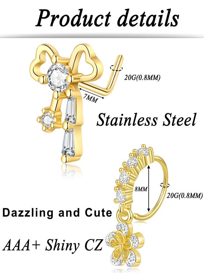 تورنيتو مجموعة تورنيتو من 20 قطعة من حلقات الأنف المتدلية للنساء، مقاس 20 غرام، بتصميمات متنوعة: حلقات على شكل حرف L، فراشات، قلوب، هلال، أسهم، زهور، نجوم، ربطات عنق، مرصعة بالزركونيا المكعبة، مجوهرات ثقب الأنف والجسم، مطلية بالذهب. - Image 2
