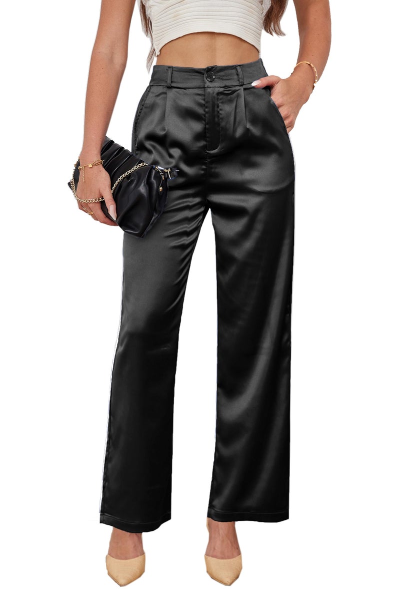 heipeiwa Women's Wide Leg Satin Silky Casual Dress Cocktail Party High Waist Pants - Image 1