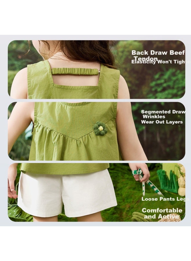 Ask Junior Kids' Summer Sleeveless Vest Top And Casual Shorts Set, Carrot Pattern Forest Style Girls' Pure Cotton Two-Piece - Image 4