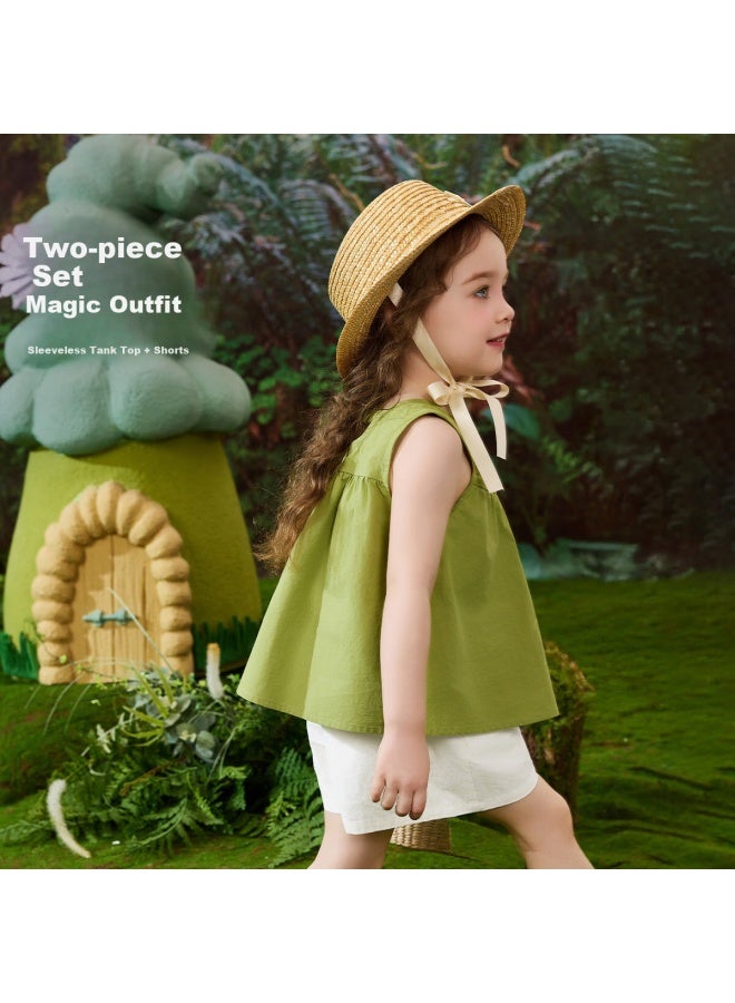 Ask Junior Kids' Summer Sleeveless Vest Top And Casual Shorts Set, Carrot Pattern Forest Style Girls' Pure Cotton Two-Piece - Image 2