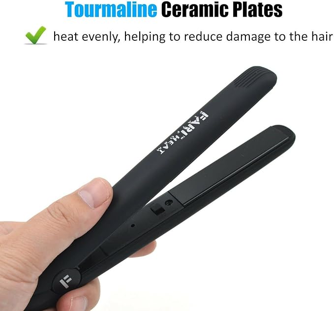 FARI Travel Mini Hair Flat Iron 12 Inch Ceramic Tourmaline Hair Straightener with Travel Bag Dual Voltage for Worldwide Use Temp 180C Black