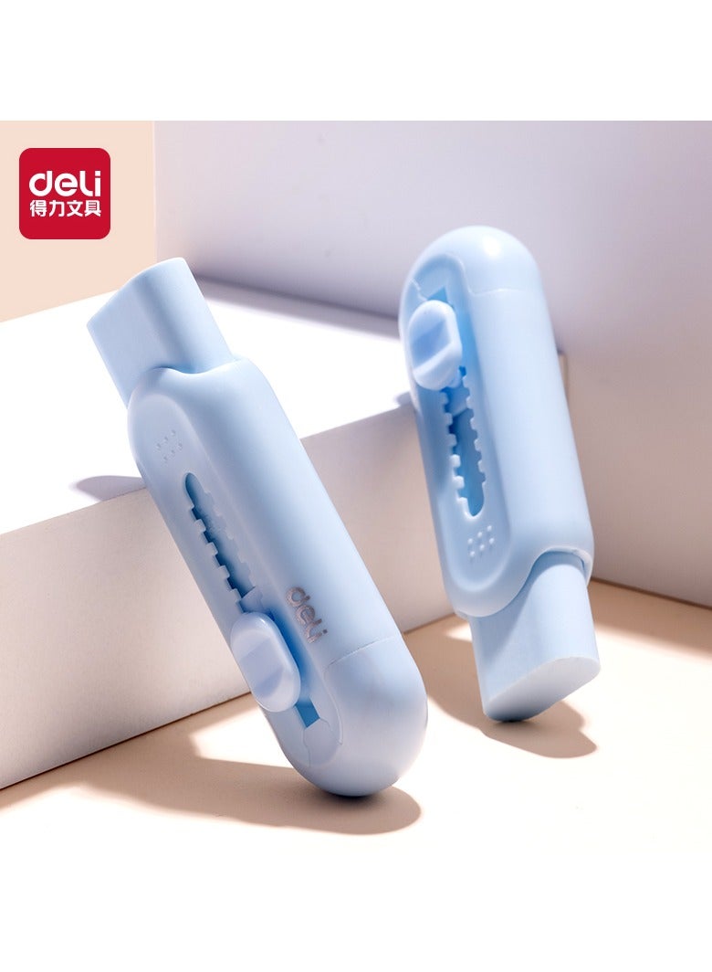 Deli VP400 Self-Cleaning Retractable Eraser with Replaceable Core - Curved Grip for Kids (77mm) - Blue - Image 2