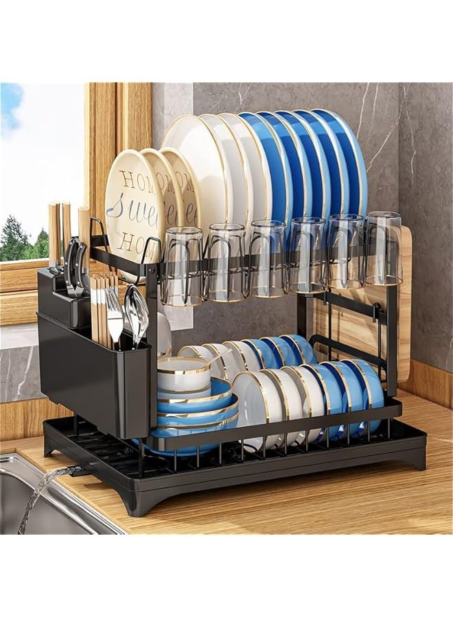 بيوينتي 2-Tier Dish Drying Rack – Save Space Dish Rack with Utensil Holder, Cutting Board Holder & Drainboard Tray | Large Capacity, Rustproof Kitchen Drainer,42 * 30 * 29cm,Black - Image 2