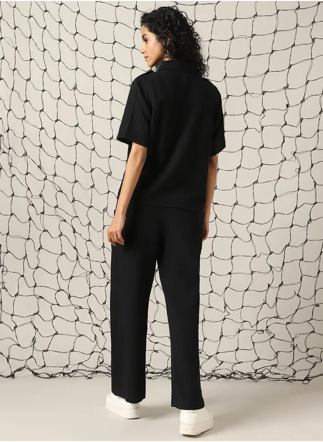 هوبرهولمي Women Co-ord in Black featuring Oversized fit with a solid pattern, spread collar collar, spread collar neckline, half sleeves, regular length, secured with button closure, crafted from cotton – crafted for those who appreciate style and comfort.