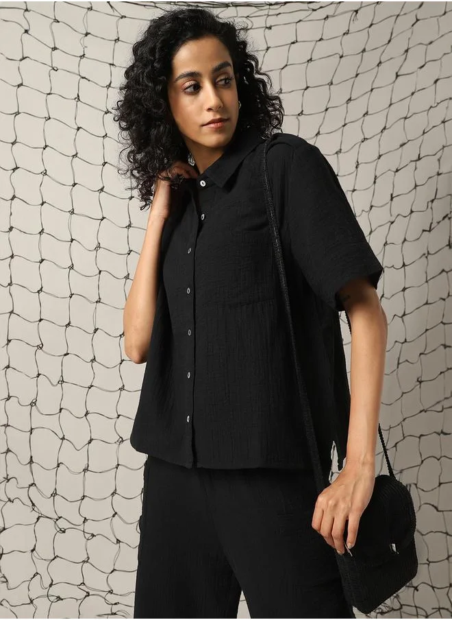 هوبرهولمي Women Co-ord in Black featuring Oversized fit with a solid pattern, spread collar collar, spread collar neckline, half sleeves, regular length, secured with button closure, crafted from cotton – crafted for those who appreciate style and comfort.