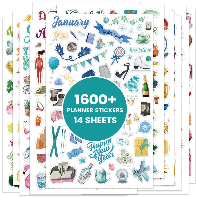 Shoparr Planner Stickers - 12 Monthly Calendar Stickers for Celebrations, Office Accessories for Women, Planner Sticker for Festival Events, Holidays (14 Sheets, 1500+ Sticker Per Pack) - Image 1